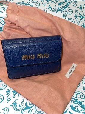 Miu Miu Royal Blue Pebbled Leather Card Wallet with Gold Logo